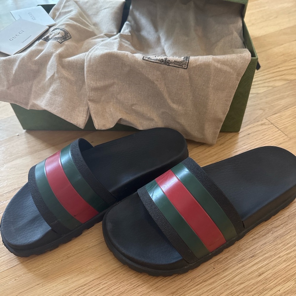 Gucci Black Slides with Red and Green Stripes